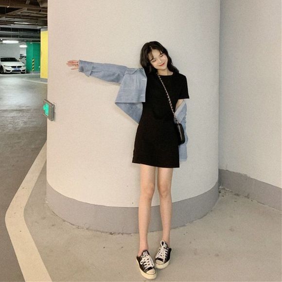 Black  Plain Short-Sleeve T-Shirt Dress - Picture 6 of 6